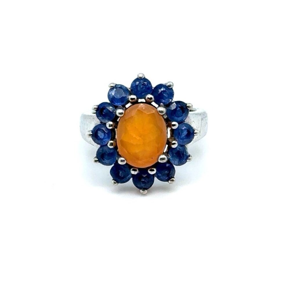 925 Silver Opal/Blue Sapphires Flower Ring